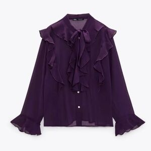 Zara Women's Sheer Purple Ruffle Long Sleeve Top Blouse Size Medium
